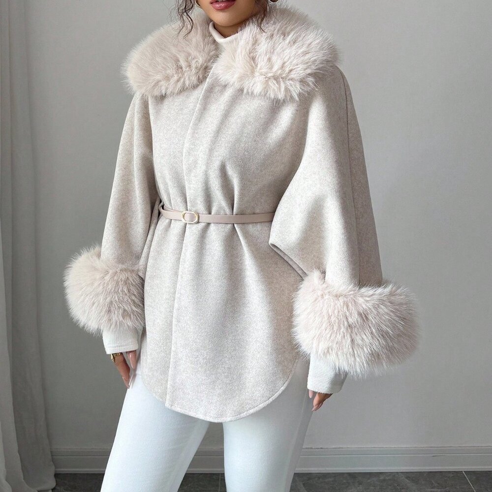Apricot Elegant Women's Waist Cape with Faux Fur Collar - Picture 6 of 8